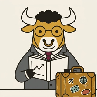 Jason Bull, drawn as a bull in glasses reading an investment book, a suitcase beside him